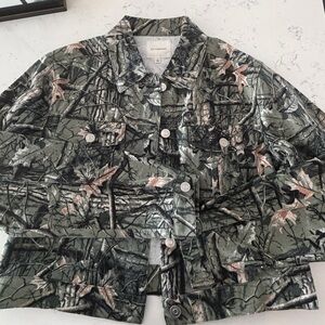Camouflage Print Jean Jacket with Pink Leaf Accents NWT